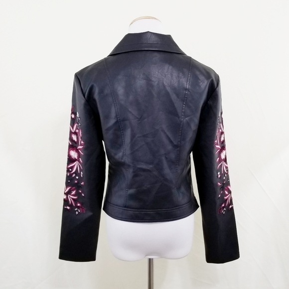 Guess Floral embroidered leather moto jacket black small - Picture 4 of 8